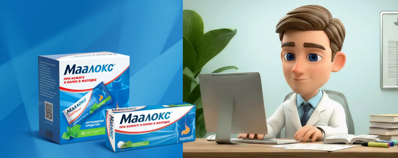 Упаковки препарата Маалокс® и врач за рабочим столом